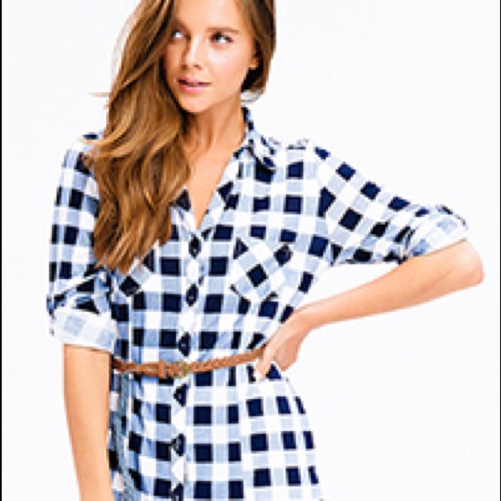 Navy Blue Plaid Button down Tunic Shirt